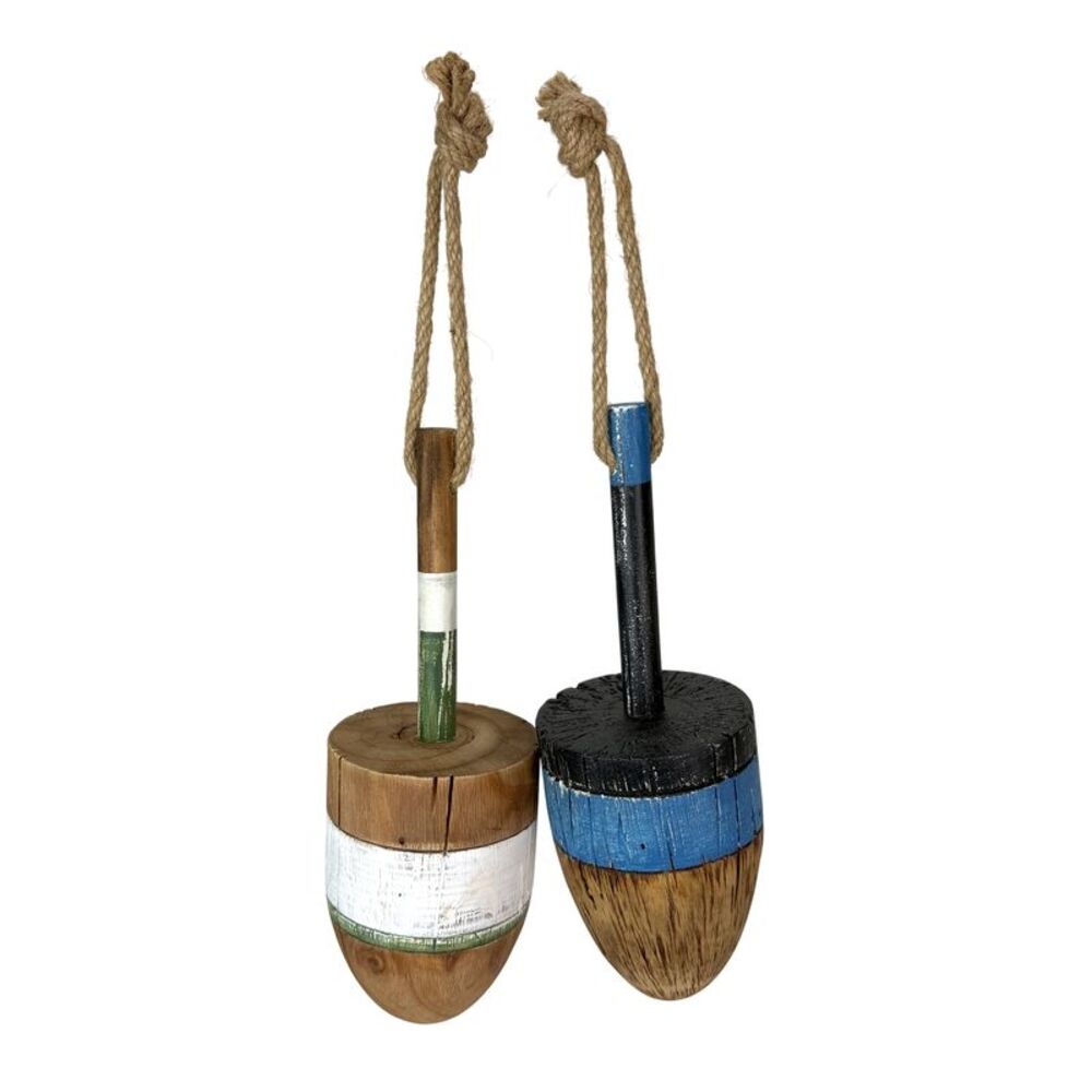 Rustic Wooden Buoy Set of 2 Nautical Wall Decor Striped Rope Hangers 15 In